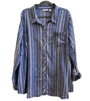 Susan Graver Blue White Striped Linen Flax Blend Button Up Blouse Plus Size 2XP