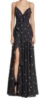 Fame and Partners Polka Dot Evening Gown Ruffles Maxi Dress Black Womens Size 2