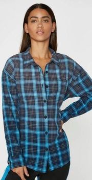 Pam & Gela Blue Tartan Belted Flannel Button Down Shirt