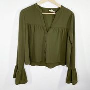 Mimi Chica Green Button Front Long Sleeve Bell Cuff Blouse Women's Size X-Small