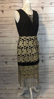 Belle Badgley Mischka Black Gold Fringe Hem Formal sleeveless Dress size 12