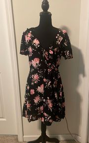 Pink Black Floral Print Faux Wrap Ruffle Collar Mini Dress size M
