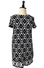 Susan Graver Shift Dress Black White Geometric Print Short Sleeves Size Large