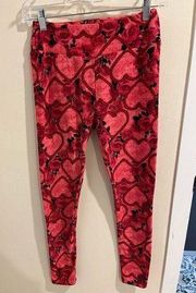 LuLaRoe Womens One Size Red Hearts & Roses Legging Pants Stretch