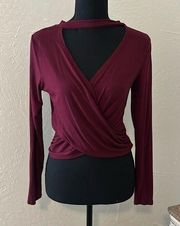 Earthbound burgundy wrap keyhole long sleeve v neck crop top