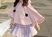 Cute Hooded Pompom Pastel Pink Poncho wi