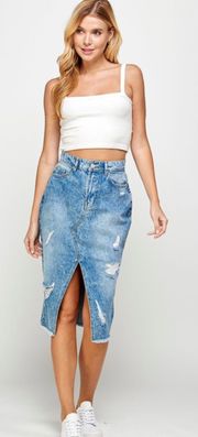 Long Distressed High Waisted Denim Skirt