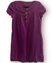 Women 100% Linen Eggplant Purple Short Sleeve Shift Dress Pintuck 8 Pockets