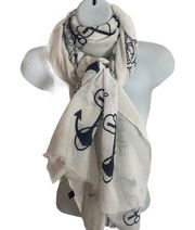 Nautical Cream Navy Oblong Scarf Fringe Edge 32X75 Fall