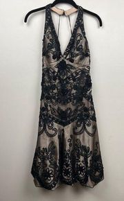 Sue Wong Black Paisley Embellished Halter Flare Dress - size 6