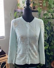 Vintage 90s  Baby Blue Sequins Cashmere Blend Cardigan Sweater - M