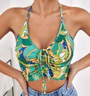 SheIn New  Green & Yellow Strappy Halter Neck Crop Tank Top Size Medium