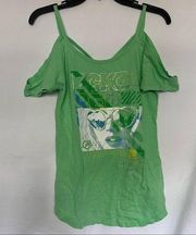 red cold shoulder strappy back t shirt bright green graphic size small