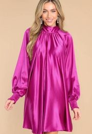 Aura Gift To Us Fuchsia Satin Swing Dress Tie Back Mock Neck Fuchsia Pink M NWT