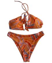 Madrid Triangle Bikini Top and Bottom Set Orange Print NWOT Small