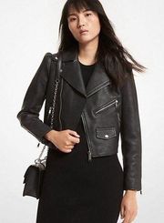 MICHAEL 
Pebbled Leather Puff-Sleeve Moto Jacket