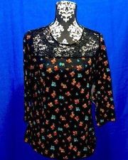 NEW Womens Riders by Lee Black Lace floral blouse Size M 3/4 Sleeves