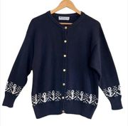 BURBERRY’S Vintage Button Down Navy Blue Anchor Cardigan Classic Nautical Yacht