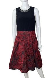 SLNY Women's Black/Red Fit & Flare Sleeveless Brocade Rhinestone Dress sz 14