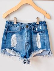 MUMU Blue Wyoming High Waisted Distressed Shorts in Surf Wash Blue 