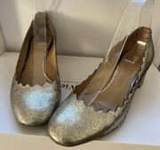 Chloe Gold Metallic Lauren Pumps Scalloped Block Heel Shoe Size 37.5 (US 7.5)