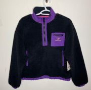 Ivory Ella Black Quarter zip Sherpa pullover with purple logo patch pocket sz S