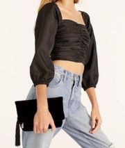 J. Crew Black Ruched Puff Sleeve Crop Top