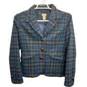 L.L.BEAN Womens Wool Plaid Blazer Blue Size 10 Checkered Button Front Lined