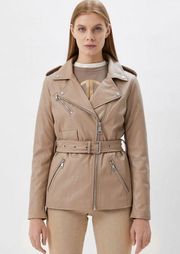 DKNY Faux Leather Biker-Style Jacket w/ Belt Beige Size S NEW