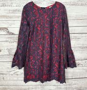 WAYF Navy and Red Lace Overlay Sheer Bell Sleeve Tie Back Dress, EUC, Medium