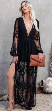 NEW Black Lace V-neck Long Sleeve Boho Maxi Dress