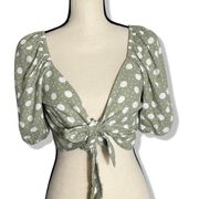 Vero Moda women's linen green white polka dot tie front puff sleeve crop top