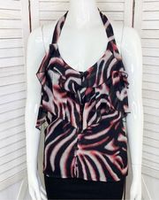 Bebe  Printed Silk Chiffon Ruffle Trim Halter Neck Blouse Pink Black XS