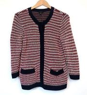 TALBOTS Red White Navy Blue 100% Cotton Cardigan Sweater PETITE Medium PM MP