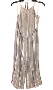 Cloth & Stone Linen Blend Stripe Wide Leg Cropped Jumpsuit Grey White Large