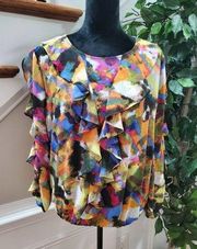 NewYork & Co. Women's Multicolor Round Neck Long Sleeve Ruffle Blouse Size Large