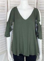 Love Riche Ruffle Sleeve Cold Shoulder Top Army Green Medium V-neck