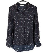 MNG by Mango Navy Blue & Pink High Low Long Sleeve Button Down Blouse Women Sz 6