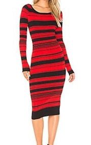 BB Dakota Red Black Striped Ribbed Knit Stretch Midi Sweater Dress