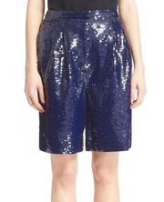 Tibi All Over Sequin Pleated Bermuda Shorts Pockets Navy Blue High Rise Size 2