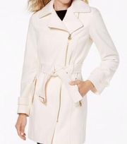 Michael Kors Asymmetrical Zip Ivory/Cream Beiges Trench Coat with Gold hardware