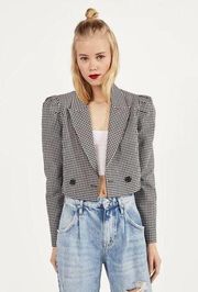 Bershka Cropped Blazer with Puff Sleeves Gingham Plaid Black White Academia