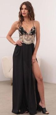 Lucy in the Sky  Tulum Lace Maxi Dress In Black And Gold