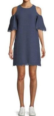 NWT Milly Neiman Marcus Denim-Knit Cold-Shoulder Fringe Dress Blue SIZE XS Petit