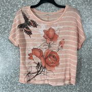 Papaya Peach Striped Flower Butterfly Loose Knit Top - Size Medium - Rhinestones