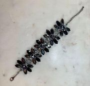 | Silver Tone With Black and Gray Gems Statement Link Bracelet