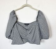 [Primark] Black White Gingham Puff Sleeve Off The Shoulder Ruched Crop Top Sz 14