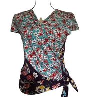 LOVEAPPELLA Faux Wrap Floral Top Size XS Blue Purple Colorblock Stretch Tie Boho