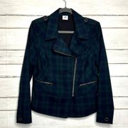 Cabi Tarten Plaid Blazer Moto Jacket Green Blue Size 8