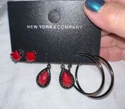 New York & Company Set of Three Red and Gunmetal Earrings